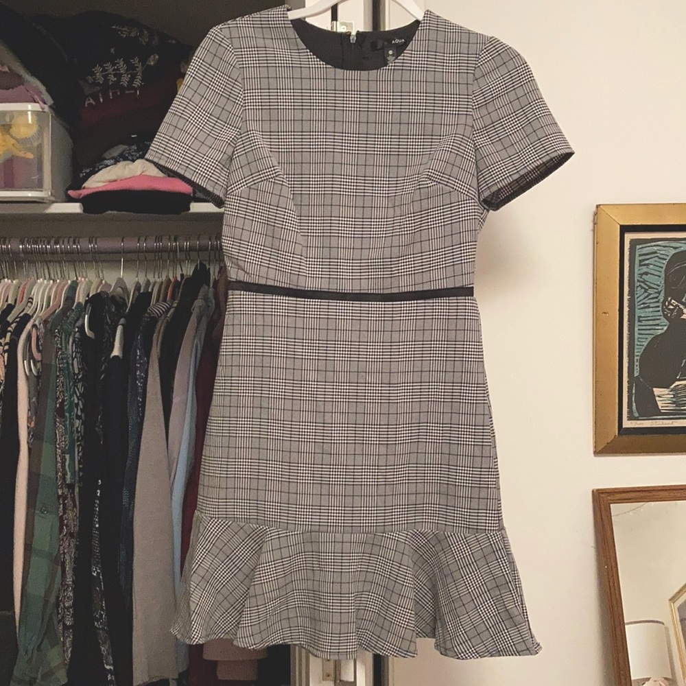 AQUA grey plaid dress with satin and ruffle detail